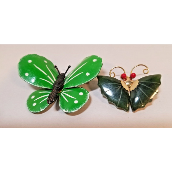 Vintage Craved Genuine Jade Wing Butterfly Red Eyes Brooch Pin +Enamel Butterfly - Picture 1 of 7
